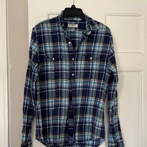 Express Men's Blue and Yellow Plaid Shirt